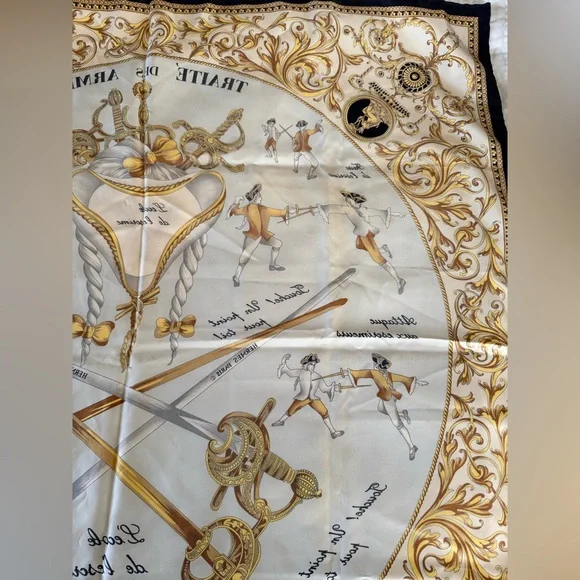 Hermes Carre 90 Traite des Arms Black Gold and White Silk Scarf with COA - Picture 9 of 12